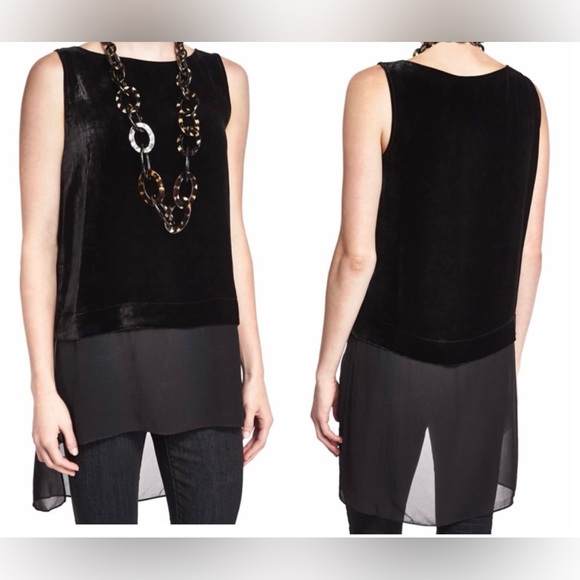 Eileen Fisher Black Velvet Silk Sleeveless Top Tunic  Hi Low Bateau Neck Large - Picture 1 of 8